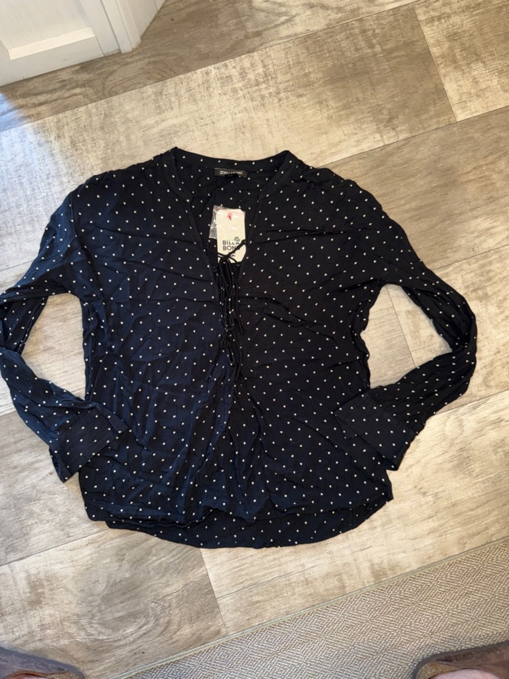 Billabong Black Blouse with White Polka Dots and Front Tie